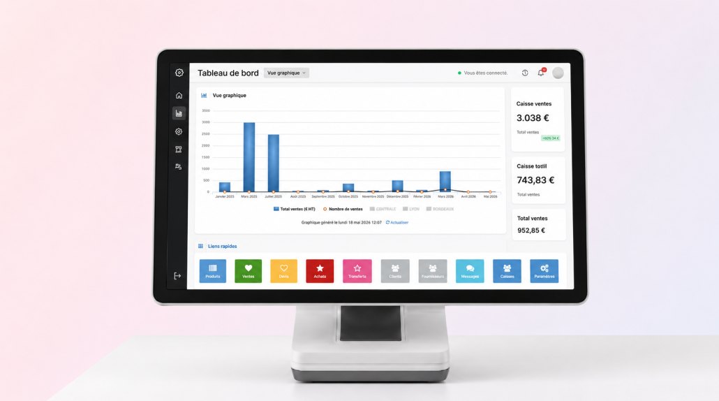 Caisse enregistreuse tactile Nextore affichant le tableau de bord des ventes