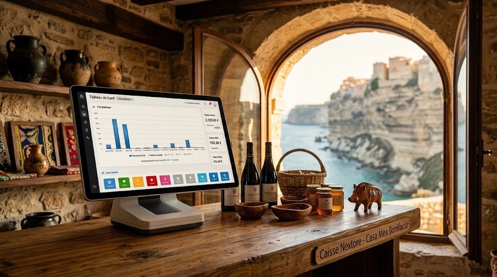 Caisse enregistreuse tactile Nextore dans une boutique de produits corses face aux falaises de Bonifacio