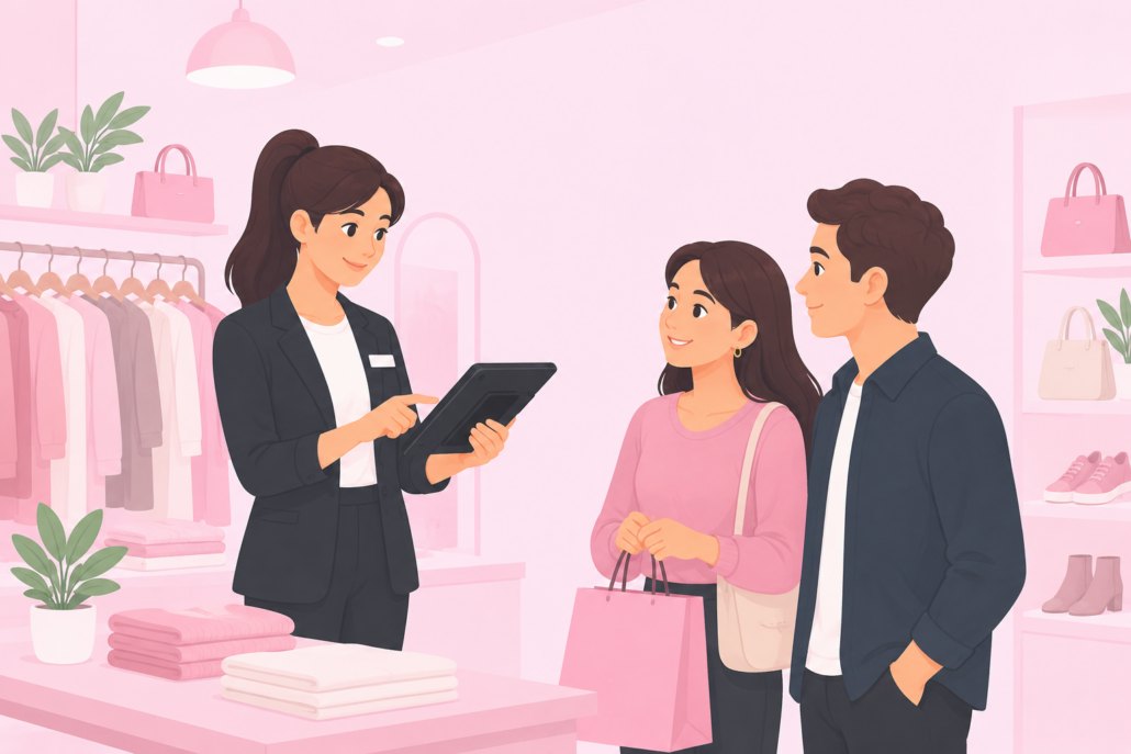 Conseill�re encaissant des clients sur tablette en salon