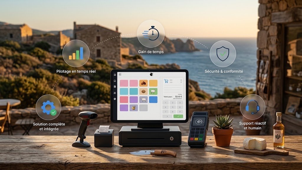 Caisse enregistreuse tactile Nextore avec tiroir-caisse, lecteur de codes-barres et terminal de paiement dans un village corse face � la mer