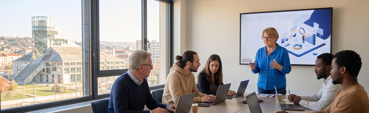 Formation AVELIIS en salle : le formateur pr�sente le logiciel au groupe