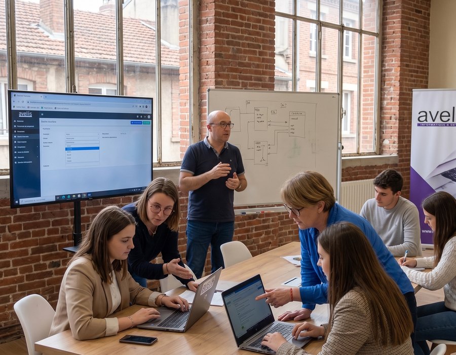 Un formateur AVELIIS anime un atelier de formation logiciel en groupe