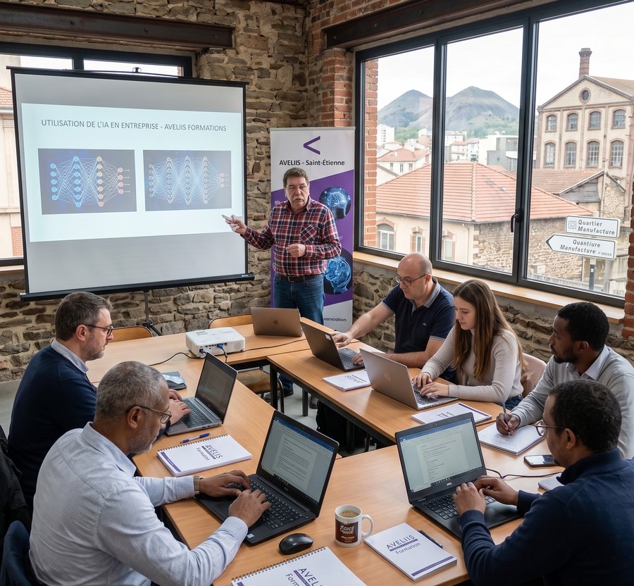 Un formateur AVELIIS anime une session devant un groupe dans un espace de formation