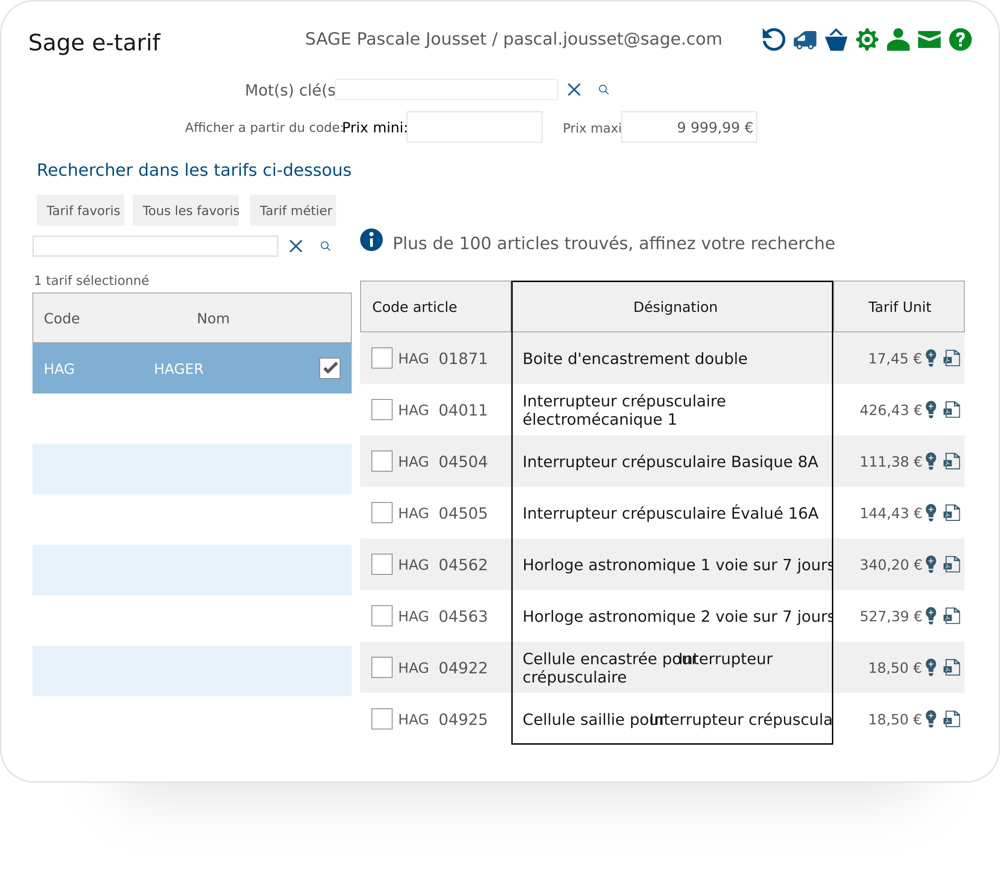 Catalogues et tarifs fournisseurs e-tarif dans Sage Batigest Connect