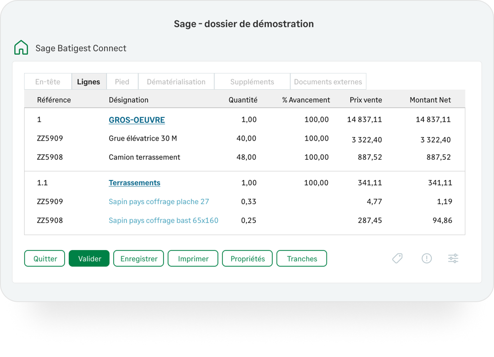 Factures d'avancement dans Sage Batigest Connect