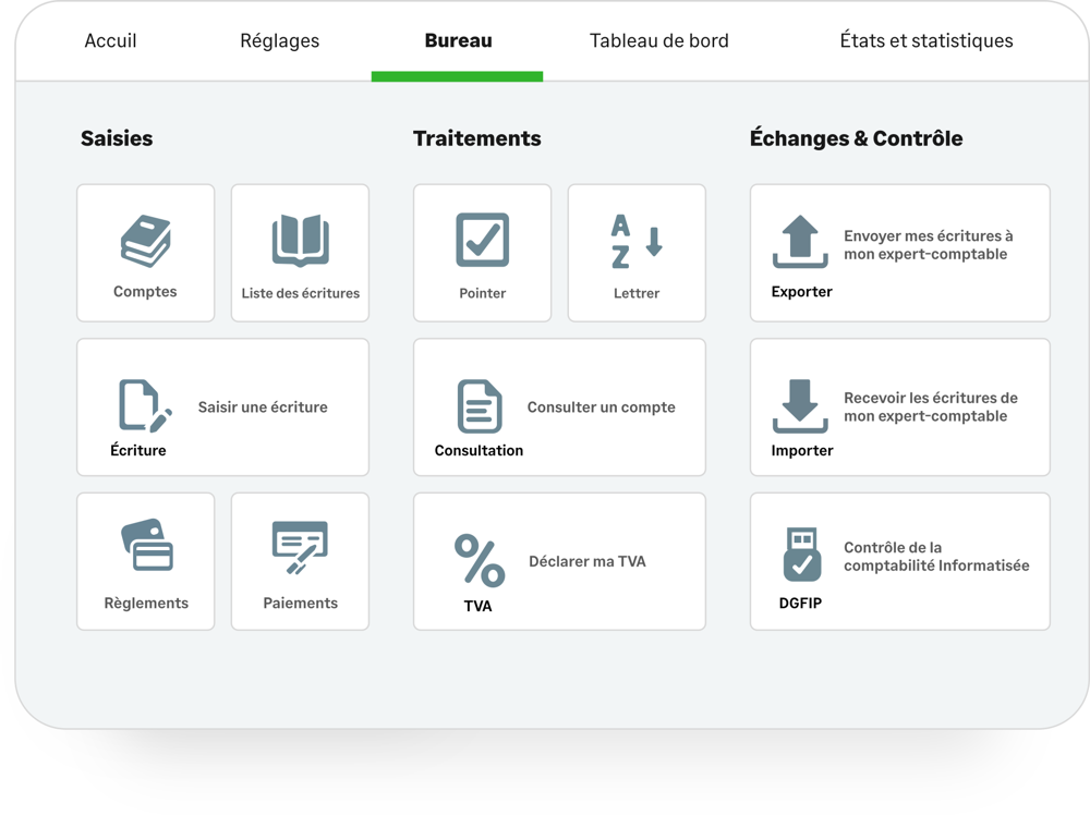 Écran de comptabilité Sage 50 : saisies, traitements, échanges avec l'expert-comptable